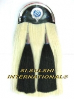 SI-WHITE HORSE HAIR MILITARY LONG SPORRAN ( 100% Original ) with PLAIN CANTLE AND MASONIC CREST